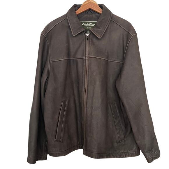 Vintage Eddie Bauer Brown Leather Jacket Men’s Large Minimalist Zip Coat